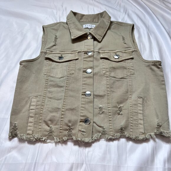 Risen Los Angeles Medium Women's Tan Sleeveless Denim Distressed Vest Brown/Tan - Picture 3 of 13